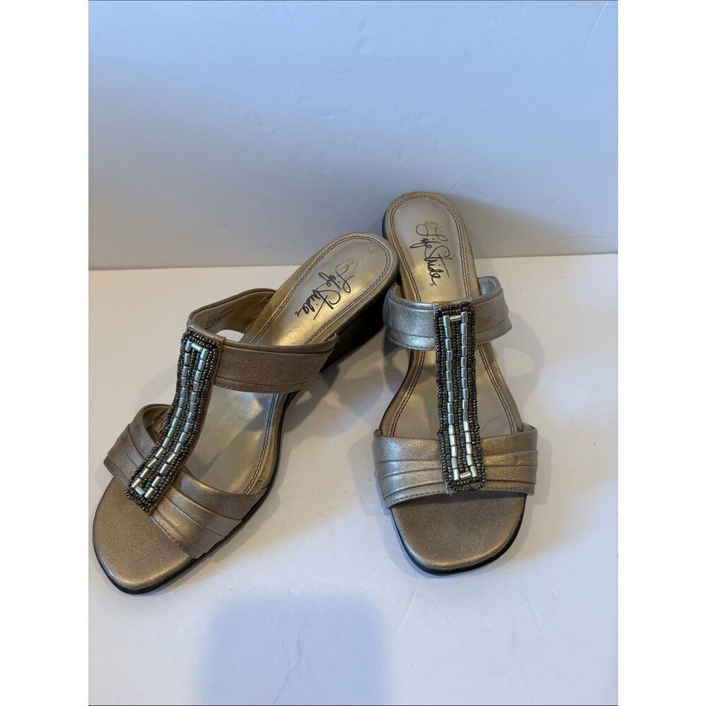 Life Stride Metallic Taupe Beaded T-Strap Sandals